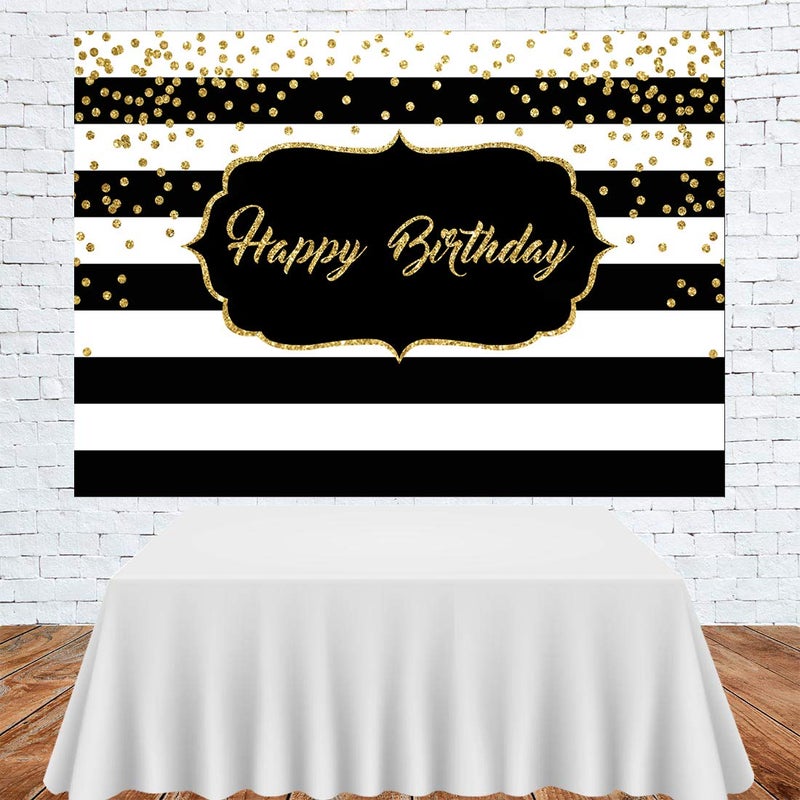LoveInM Black and White Stripes Happy Birthday Backdrop Gold Shining Dots Birthday Party Photography Background for Adults Sweet Birthday Party Photo Banner Props 7x5ft - Image 3